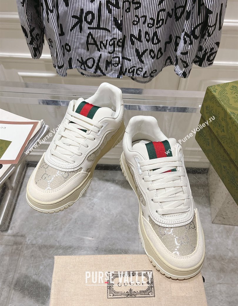 Gucci Re-Web Sneakers in Leather and GG Canvas White/Grey/Silver 2024 ‎785452 (SS-241119110)