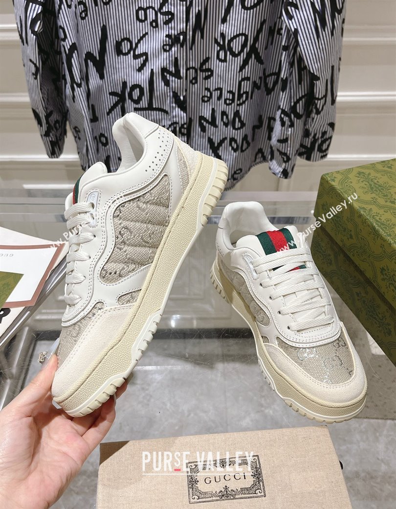 Gucci Re-Web Sneakers in Leather and GG Canvas White/Grey/Silver 2024 ‎785452 (SS-241119110)