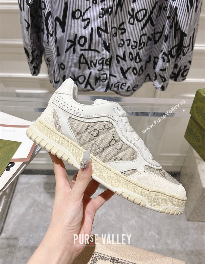 Gucci Re-Web Sneakers in Leather and GG Canvas White/Grey/Silver 2024 ‎785452 (SS-241119110)