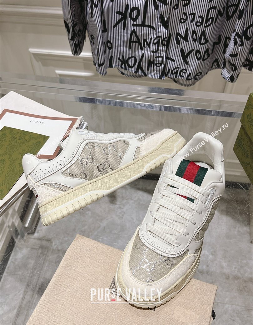 Gucci Re-Web Sneakers in Leather and GG Canvas White/Grey/Silver 2024 ‎785452 (SS-241119110)