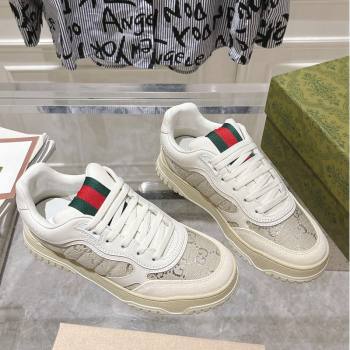 Gucci Re-Web Sneakers in Leather and GG Canvas White/Grey/Silver 2024 ‎785452 (SS-241119110)