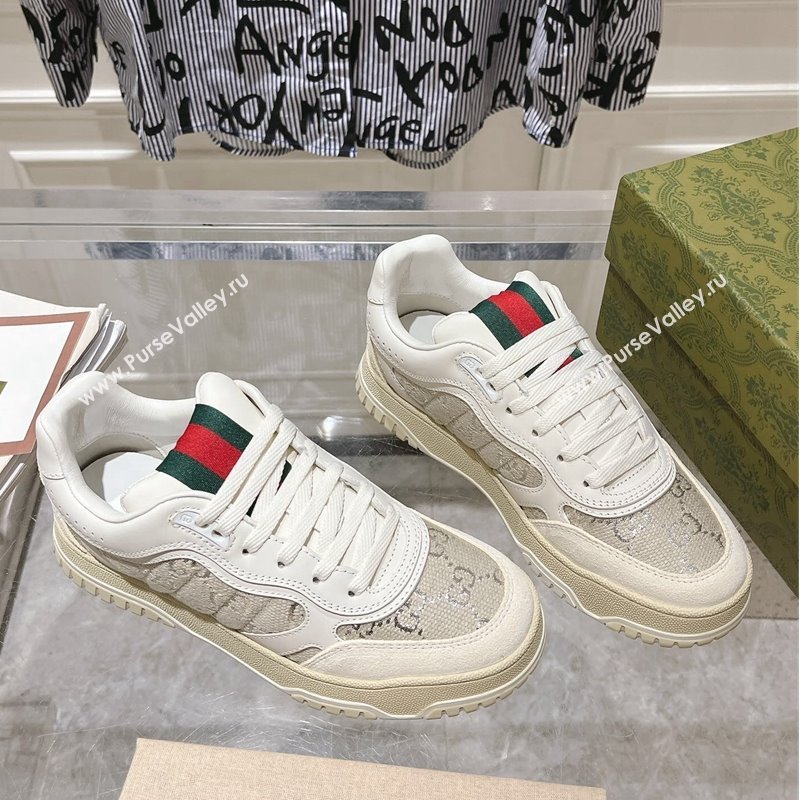 Gucci Re-Web Sneakers in Leather and GG Canvas White/Grey/Silver 2024 ‎785452 (SS-241119110)