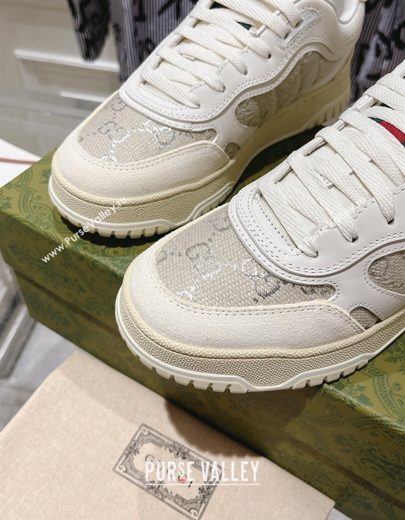 Gucci Re-Web Sneakers in Leather and GG Canvas White/Grey/Silver 2024 ‎785452 (SS-241119110)