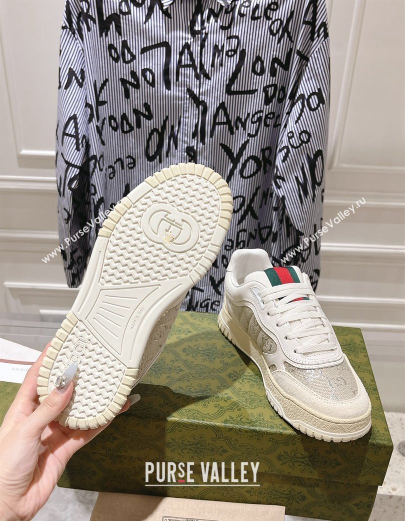 Gucci Re-Web Sneakers in Leather and GG Canvas White/Grey/Silver 2024 ‎785452 (SS-241119110)