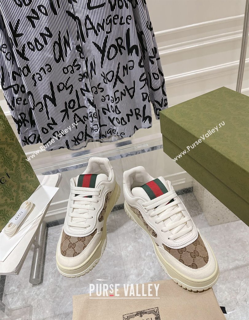 Gucci Re-Web Sneakers in Leather and GG Supreme Canvas Beige/White 2024 ‎785452 (SS-241119113)