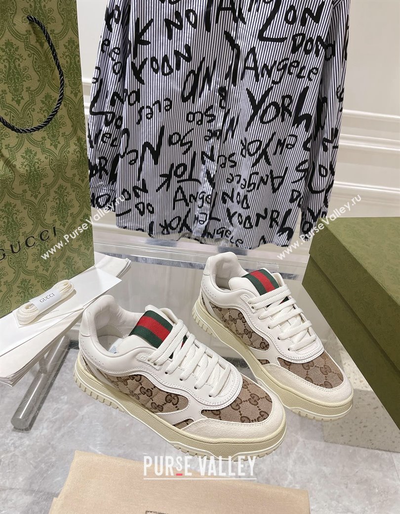 Gucci Re-Web Sneakers in Leather and GG Supreme Canvas Beige/White 2024 ‎785452 (SS-241119113)