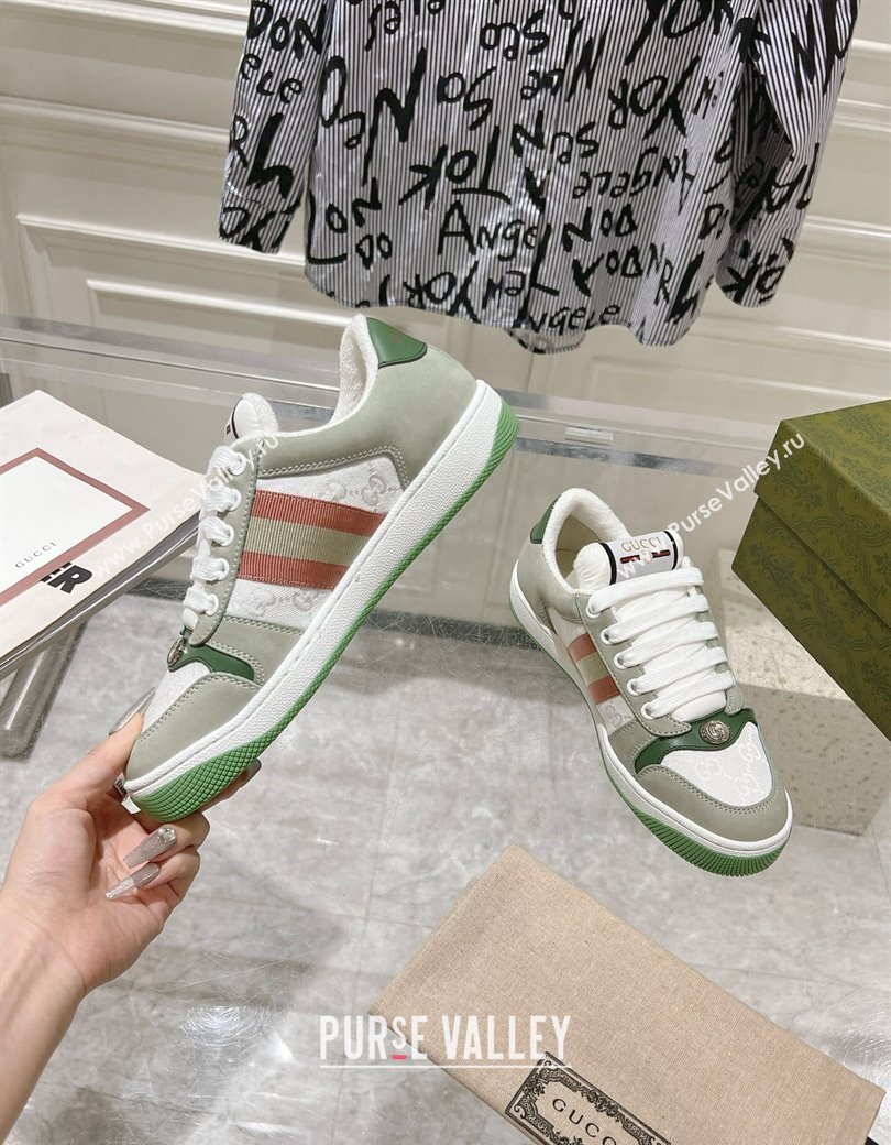 Gucci Screener Trainer Sneakers in GG Canvas and Suede with Web Grey/Green 2024 (SS-241119115)