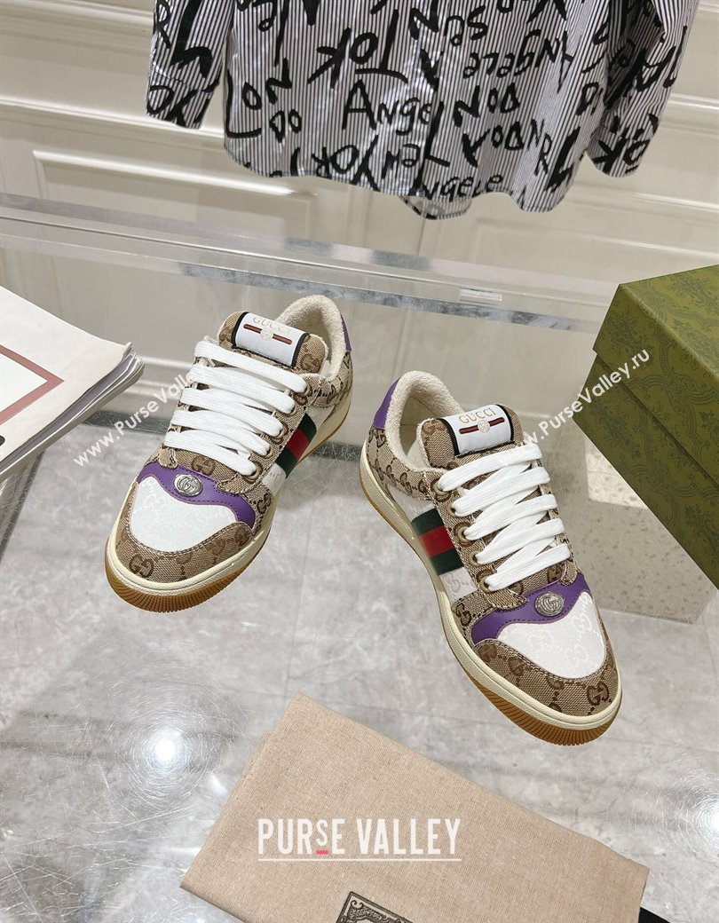 Gucci Screener Trainer Sneakers in GG Canvas with Web Beige/White/Purple 2024 (SS-241119114)