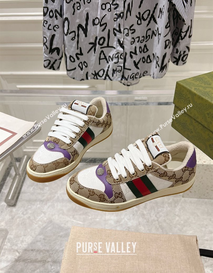 Gucci Screener Trainer Sneakers in GG Canvas with Web Beige/White/Purple 2024 (SS-241119114)