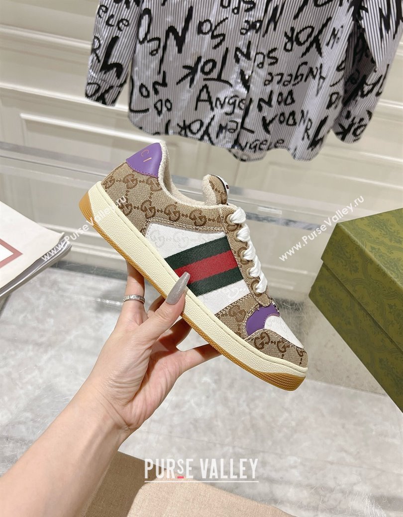 Gucci Screener Trainer Sneakers in GG Canvas with Web Beige/White/Purple 2024 (SS-241119114)