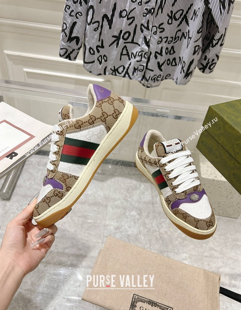 Gucci Screener Trainer Sneakers in GG Canvas with Web Beige/White/Purple 2024 (SS-241119114)