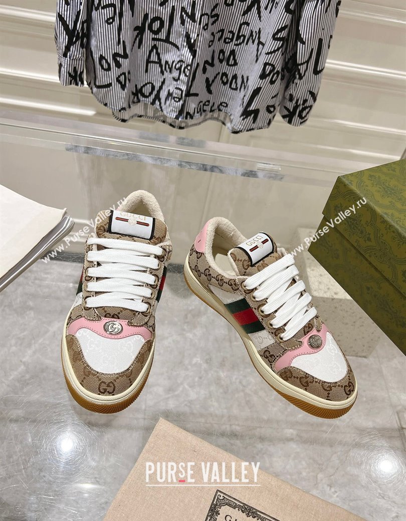 Gucci Screener Trainer Sneakers in GG Canvas with Web Beige/White/Pink 2024 (SS-241119116)