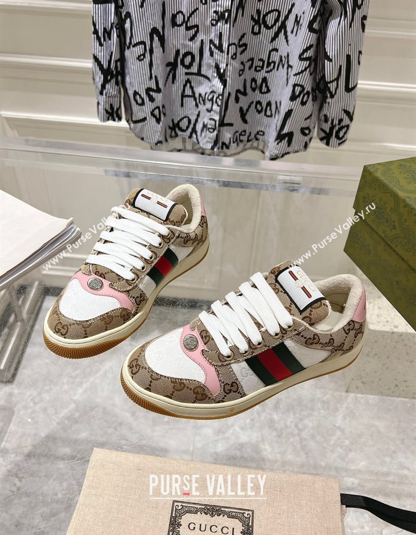 Gucci Screener Trainer Sneakers in GG Canvas with Web Beige/White/Pink 2024 (SS-241119116)