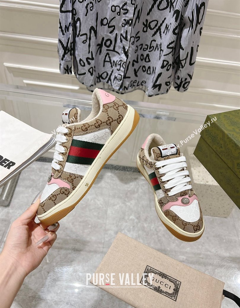 Gucci Screener Trainer Sneakers in GG Canvas with Web Beige/White/Pink 2024 (SS-241119116)