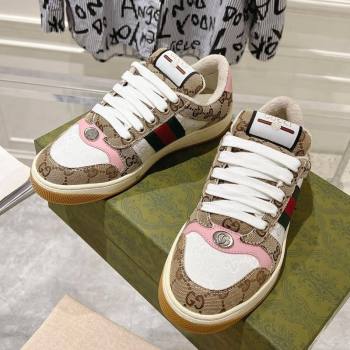 Gucci Screener Trainer Sneakers in GG Canvas with Web Beige/White/Pink 2024 (SS-241119116)