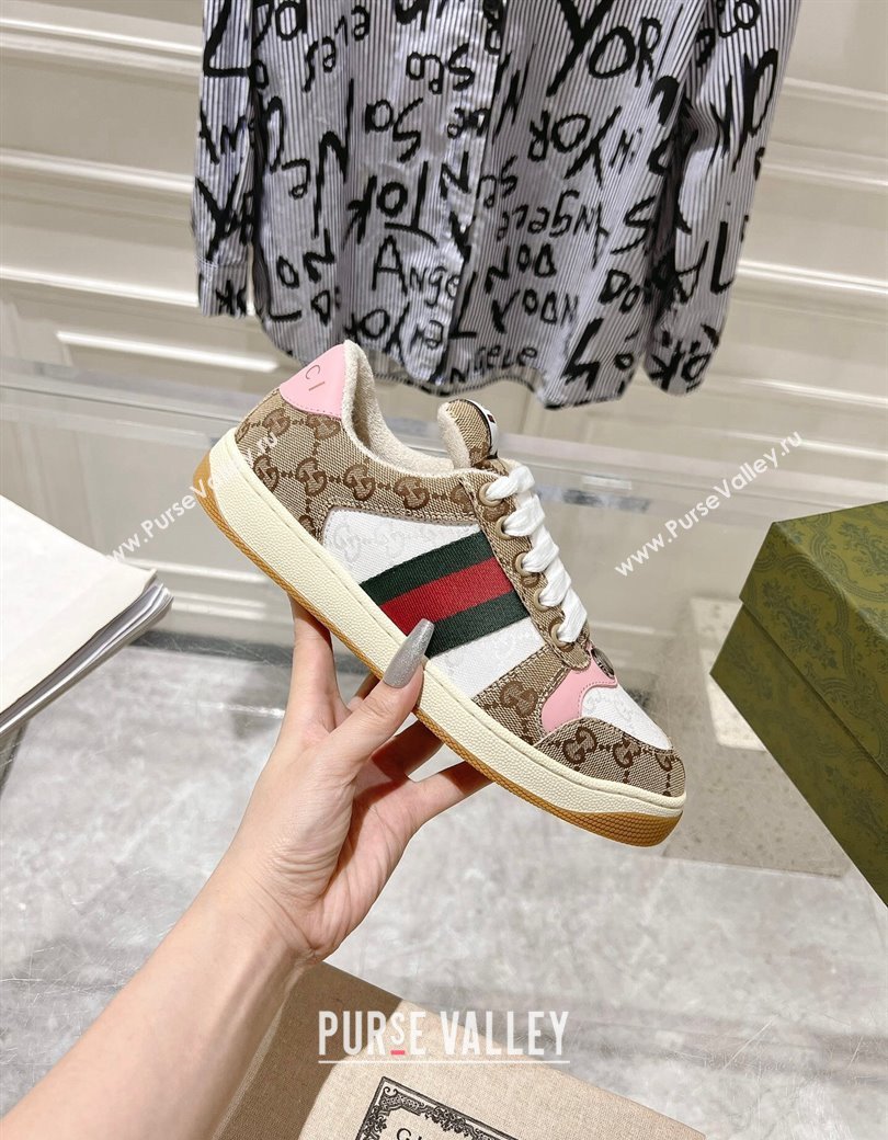 Gucci Screener Trainer Sneakers in GG Canvas with Web Beige/White/Pink 2024 (SS-241119116)