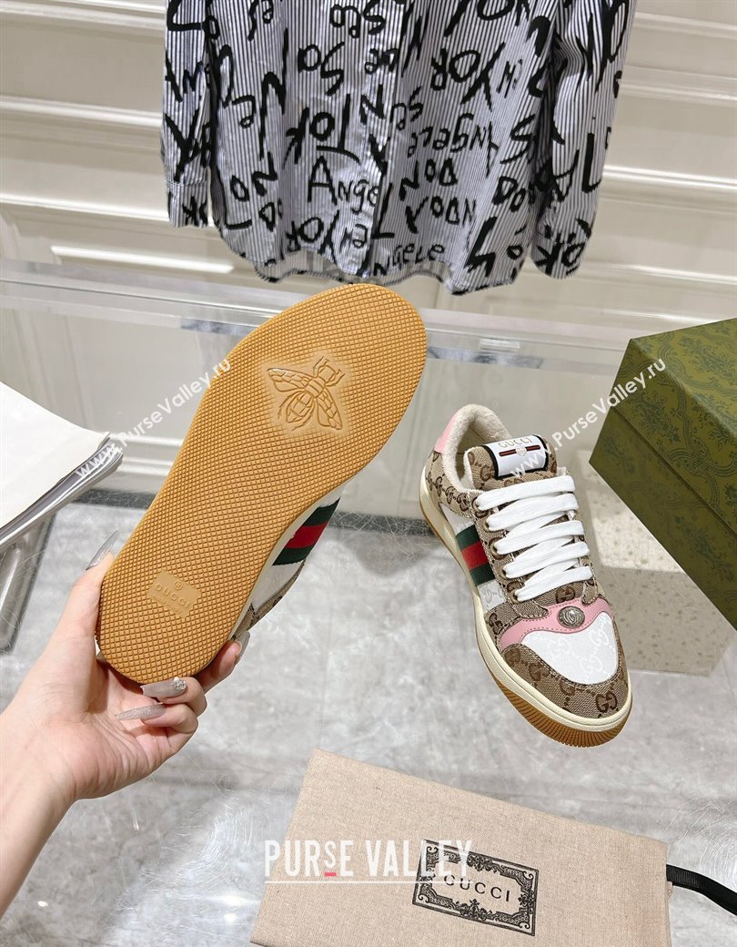 Gucci Screener Trainer Sneakers in GG Canvas with Web Beige/White/Pink 2024 (SS-241119116)