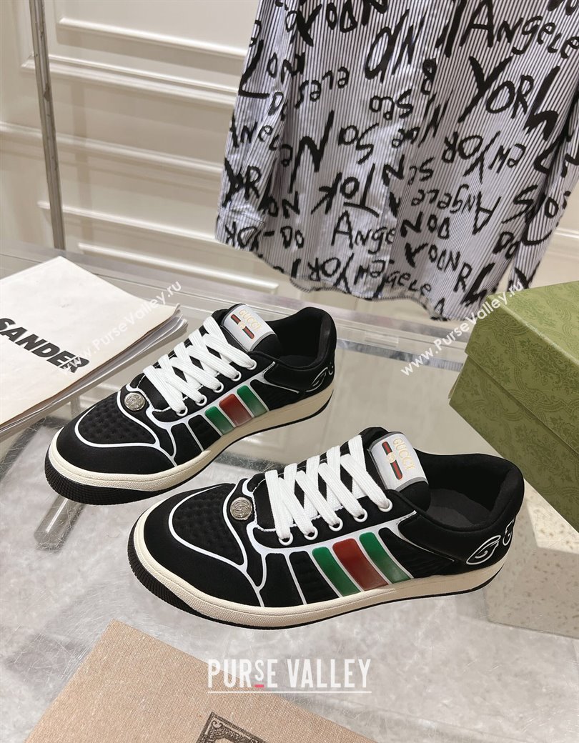 Gucci Screener Trainer Sneakers in Black Suede with Leather Padded Web 2024 (SS-241119117)