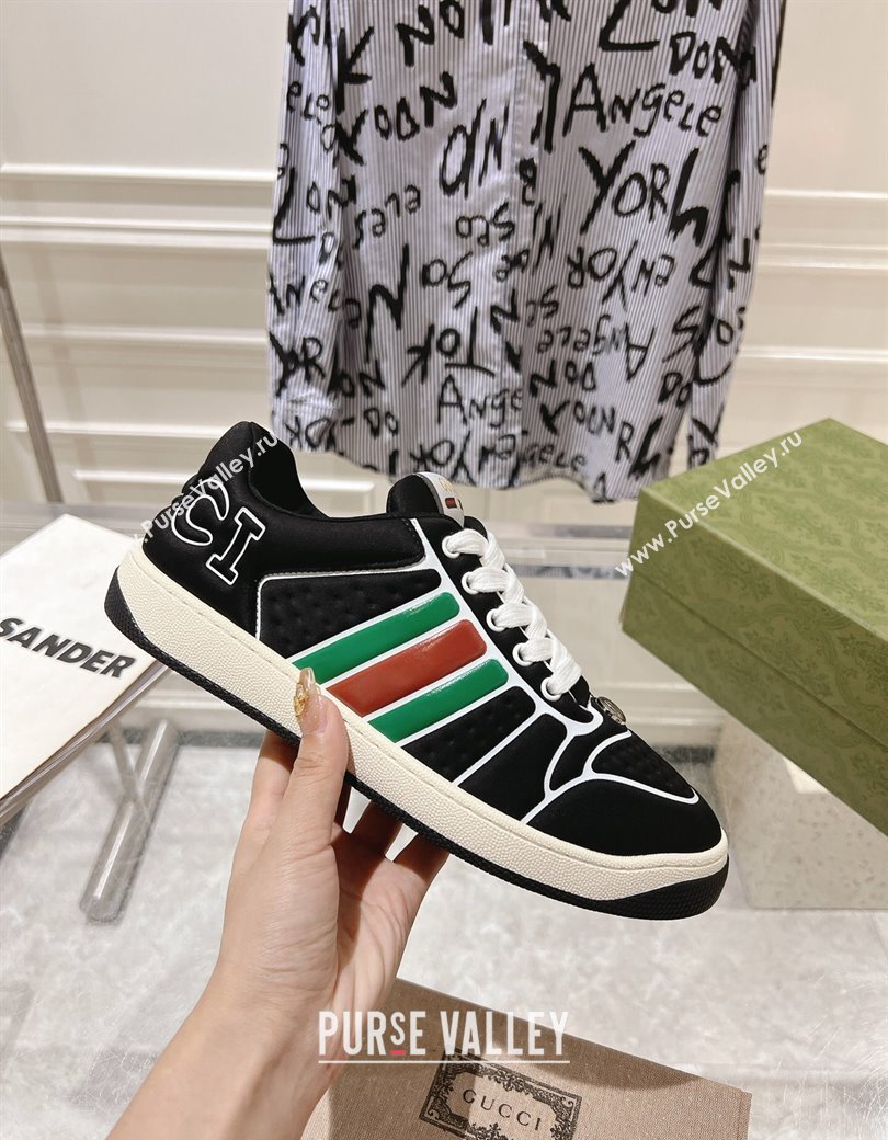 Gucci Screener Trainer Sneakers in Black Suede with Leather Padded Web 2024 (SS-241119117)