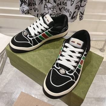 Gucci Screener Trainer Sneakers in Black Suede with Leather Padded Web 2024 (SS-241119117)