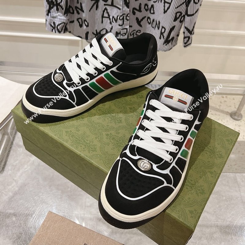 Gucci Screener Trainer Sneakers in Black Suede with Leather Padded Web 2024 (SS-241119117)