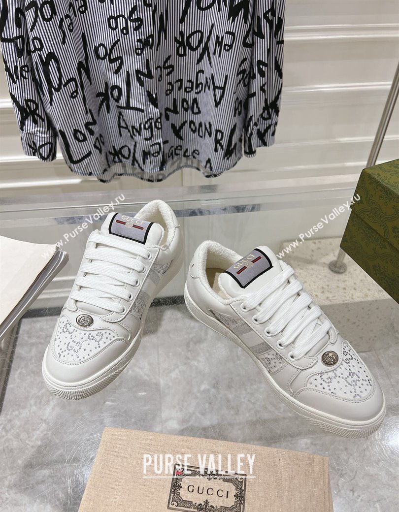 Gucci Screener Trainer Sneakers in GG Canvas and Leather with Web and Strass White 2024 (SS-241119118)