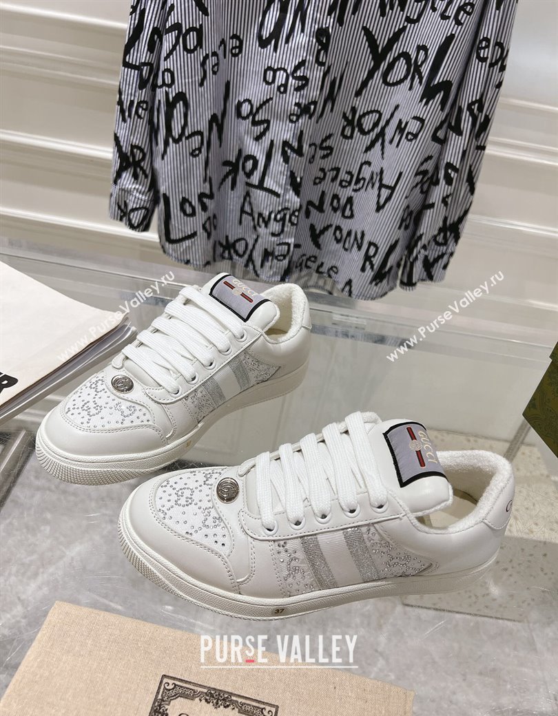 Gucci Screener Trainer Sneakers in GG Canvas and Leather with Web and Strass White 2024 (SS-241119118)