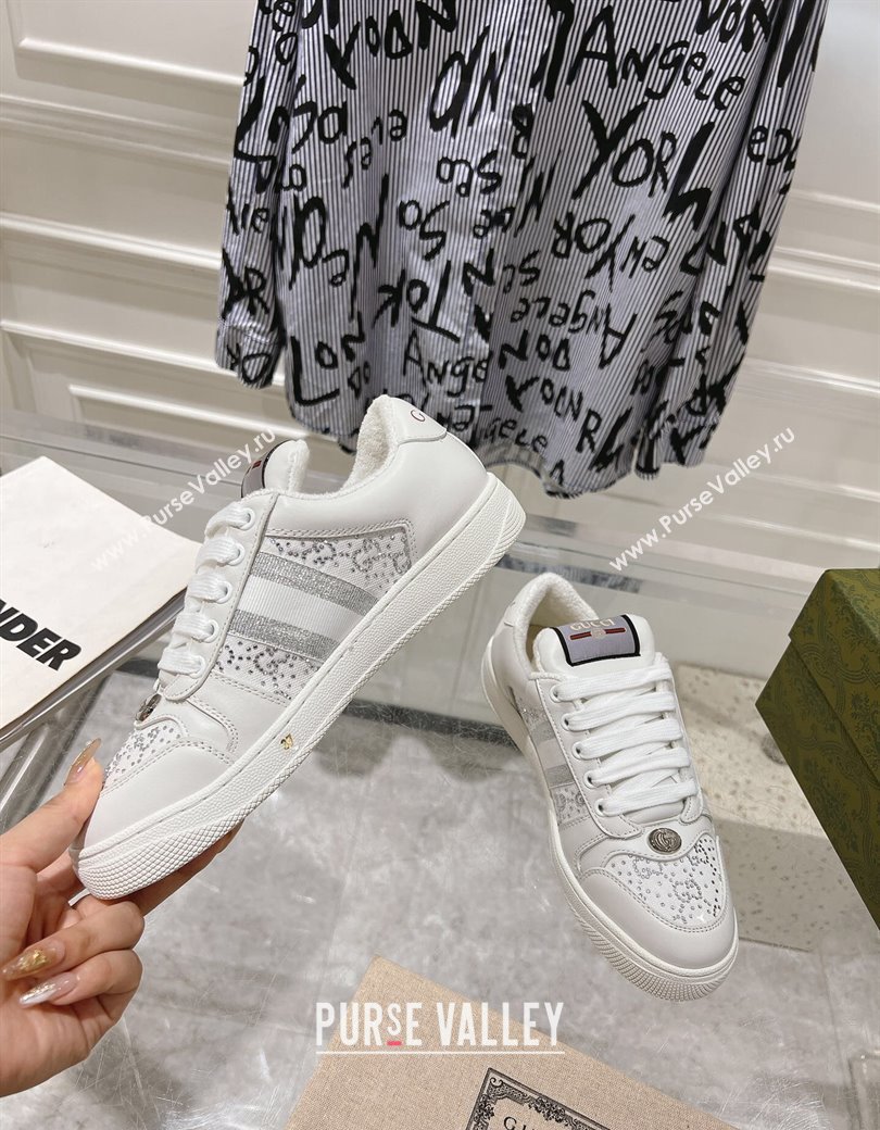 Gucci Screener Trainer Sneakers in GG Canvas and Leather with Web and Strass White 2024 (SS-241119118)