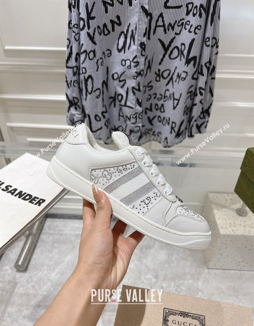 Gucci Screener Trainer Sneakers in GG Canvas and Leather with Web and Strass White 2024 (SS-241119118)