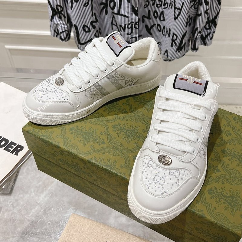 Gucci Screener Trainer Sneakers in GG Canvas and Leather with Web and Strass White 2024 (SS-241119118)