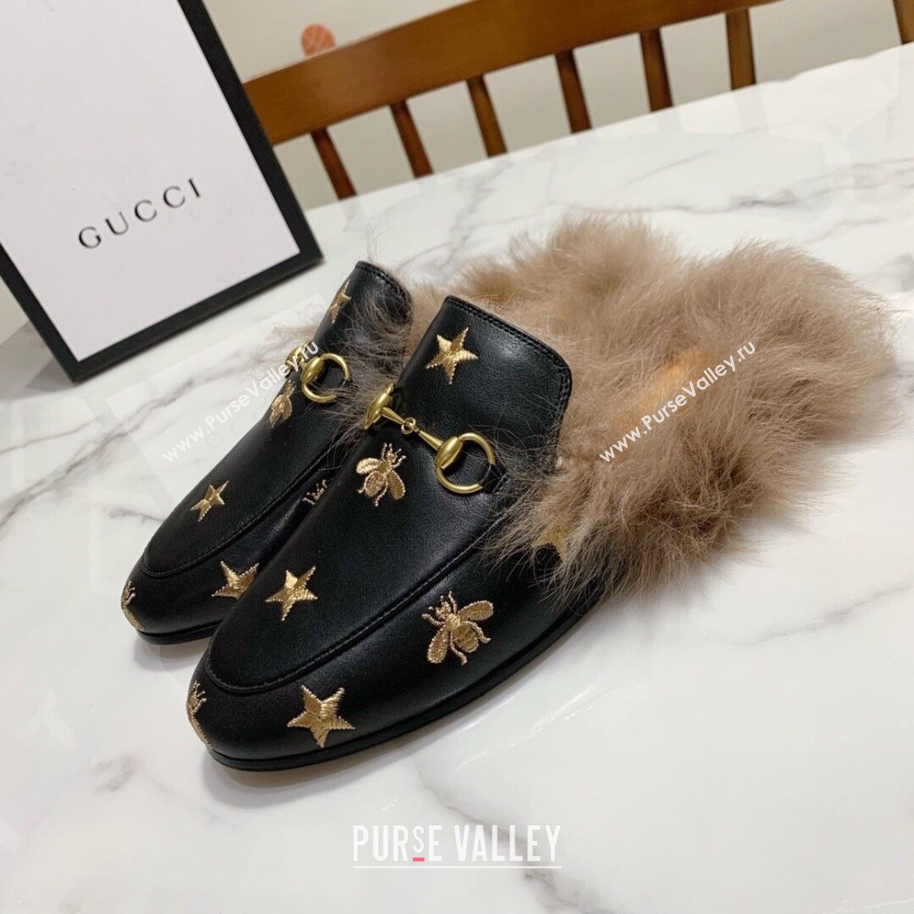 Gucci Leather and Wool Flat Slippers with Bee Embroidery Black 2024 1119 (MD-241119093)