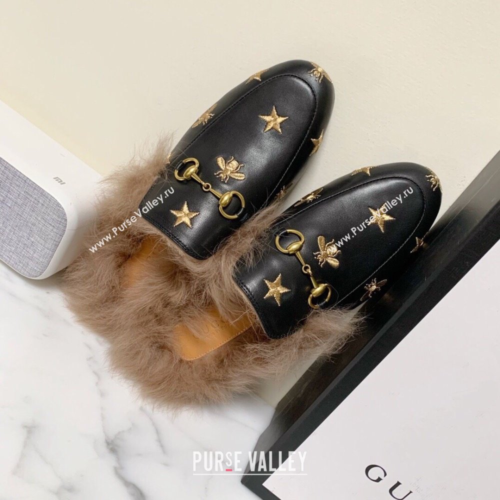 Gucci Leather and Wool Flat Slippers with Bee Embroidery Black 2024 1119 (MD-241119093)