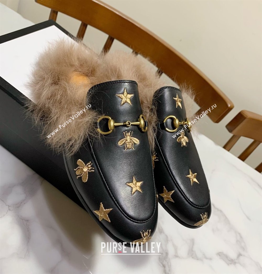 Gucci Leather and Wool Flat Slippers with Bee Embroidery Black 2024 1119 (MD-241119093)