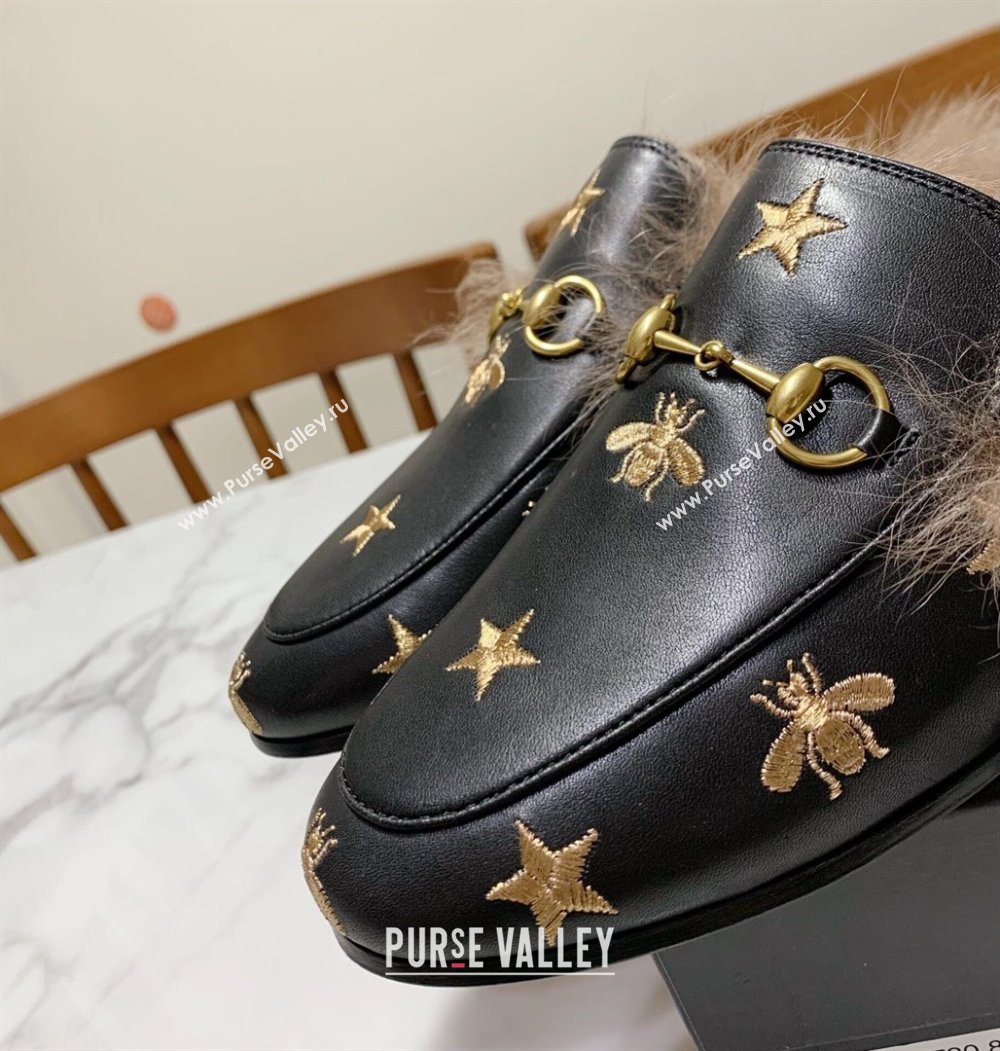 Gucci Leather and Wool Flat Slippers with Bee Embroidery Black 2024 1119 (MD-241119093)