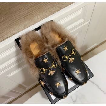 Gucci Leather and Wool Flat Slippers with Bee Embroidery Black 2024 1119 (MD-241119093)