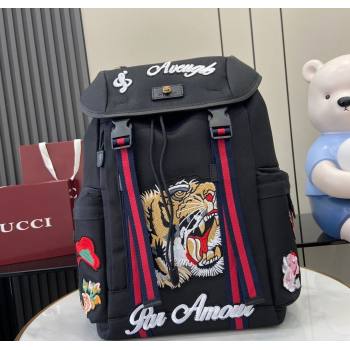 Gucci Black Canvas Backpack Bag with Tiger and Flora Detail 429037 2024 (XLU-241211065)