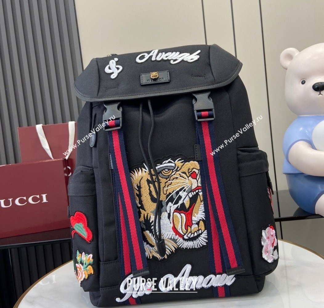 Gucci Black Canvas Backpack Bag with Tiger and Flora Detail 429037 2024 (XLU-241211065)