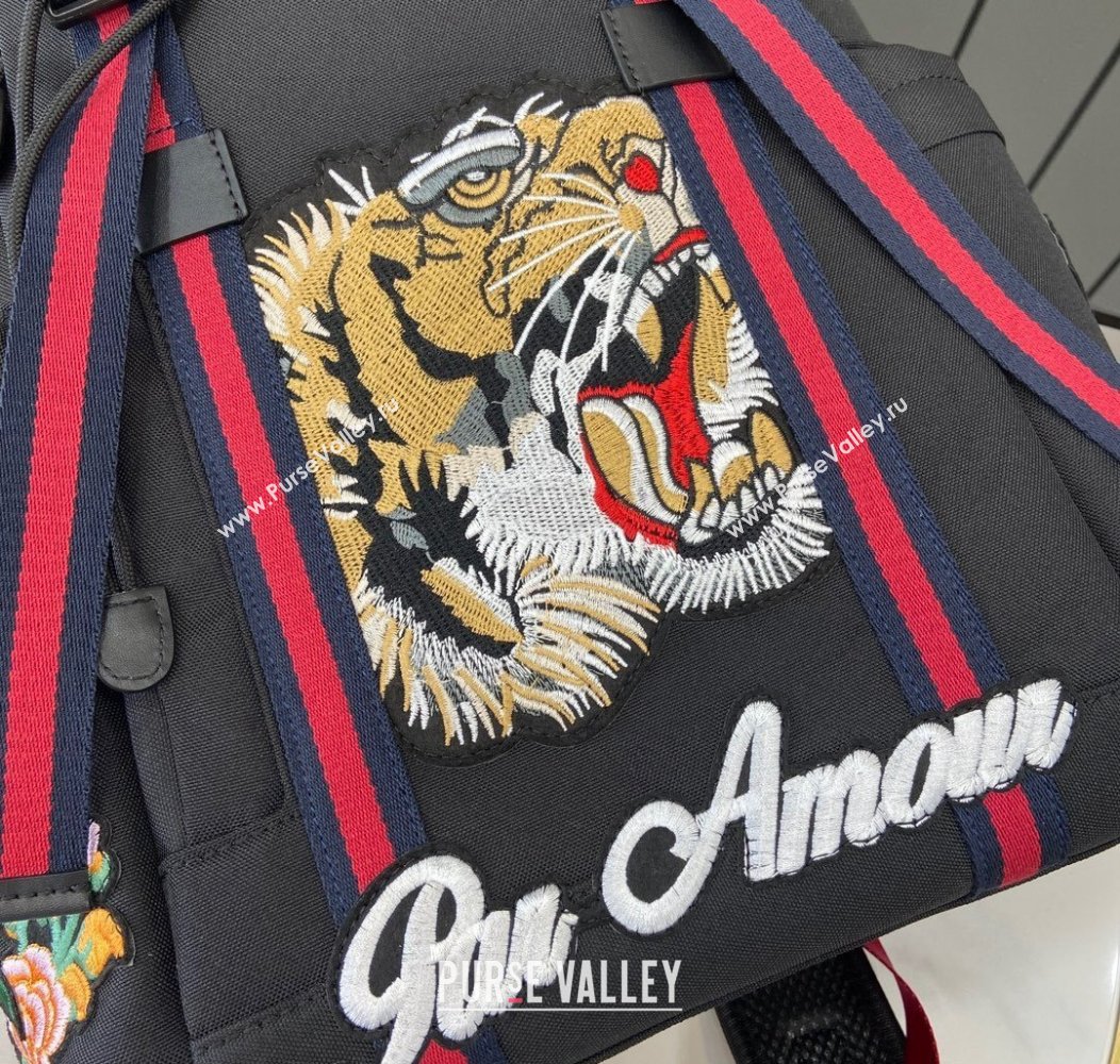 Gucci Black Canvas Backpack Bag with Tiger and Flora Detail 429037 2024 (XLU-241211065)