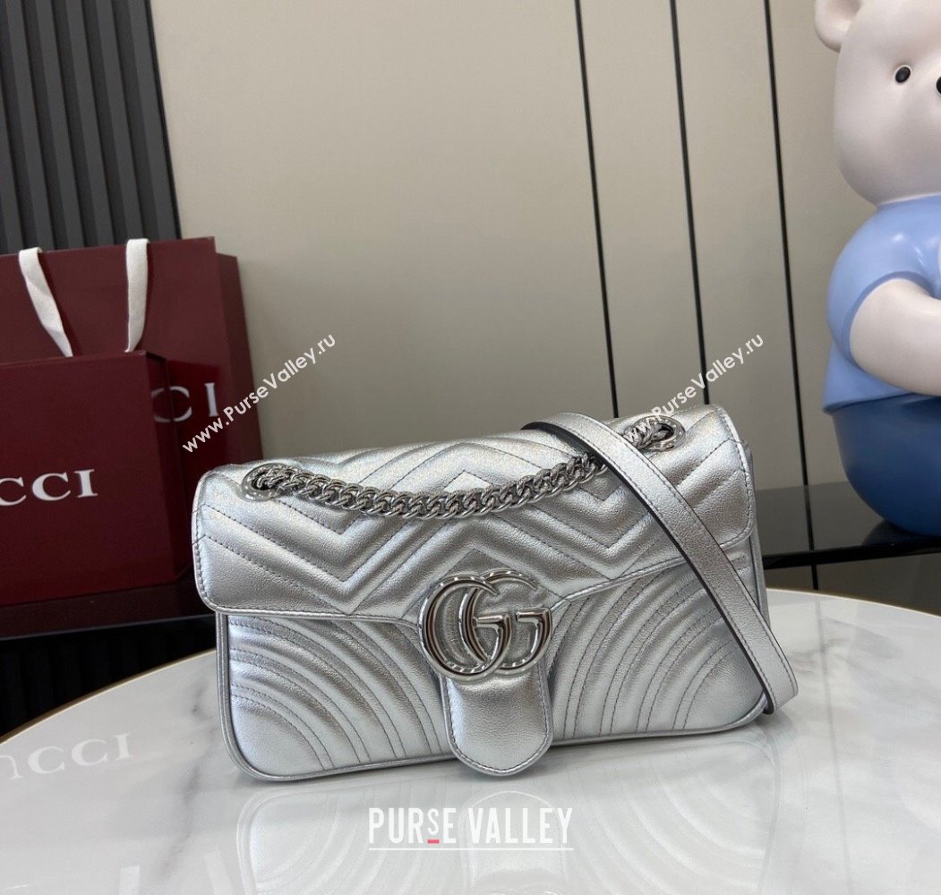 Gucci GG Marmont Matelasse Leather Small Shoulder Bag 443497 Silver 2024 (XLU-241211058)