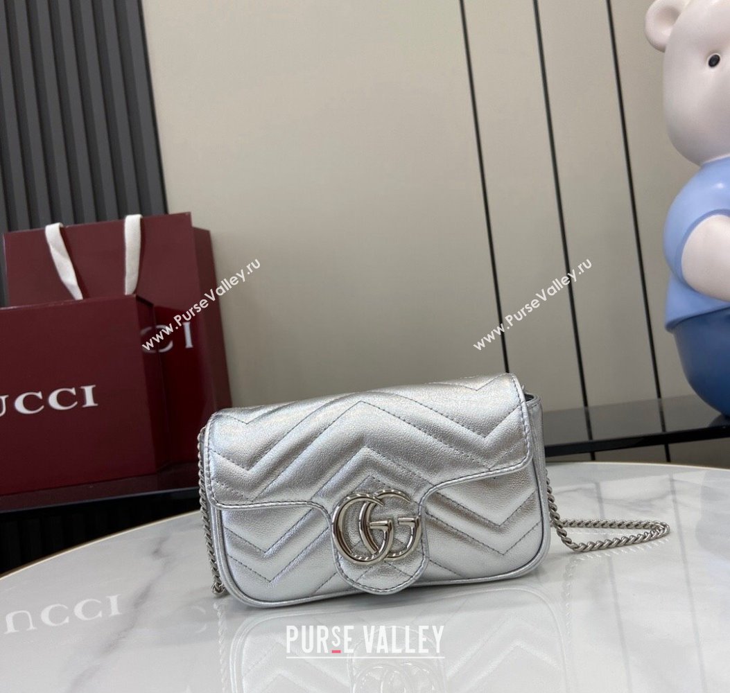 Gucci GG Marmont Matelasse Leather Super Mini Bag ‎476433 Silver 2024 (XLU-241211060)