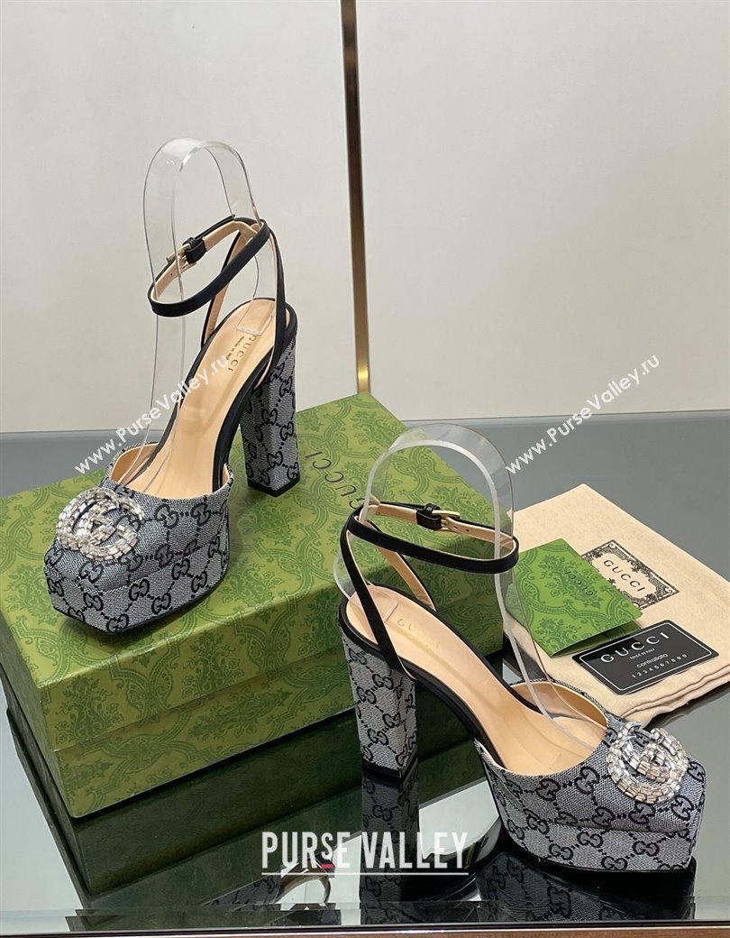 Gucci Canvas Framed Platform Pumps12cm with Strass GG Grey 2024 GG123101 (MD-241231125)