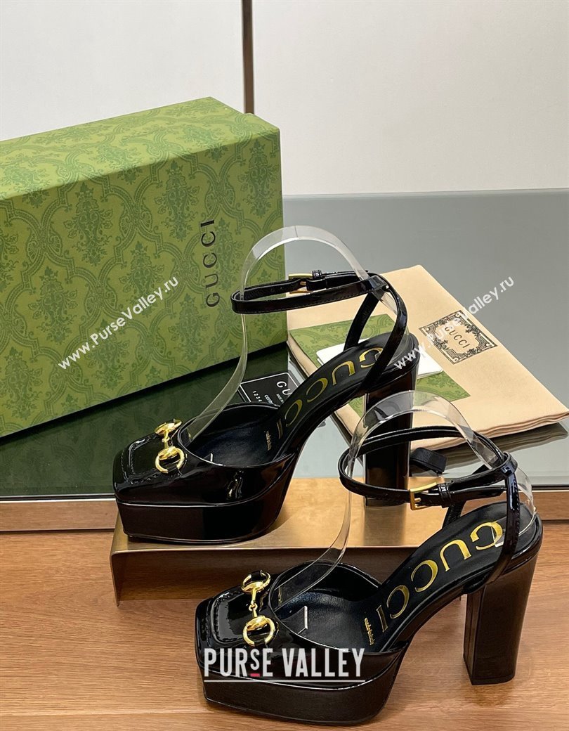 Gucci Patent Leather Framed Platform Pumps12cm with Horsebit Black 2024 GG123102 (MD-241231126)