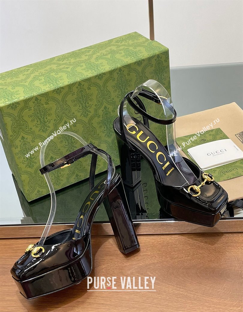 Gucci Patent Leather Framed Platform Pumps12cm with Horsebit Black 2024 GG123102 (MD-241231126)