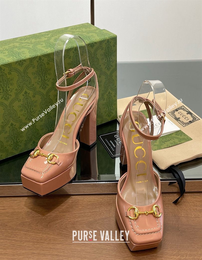 Gucci Patent Leather Framed Platform Pumps12cm with Horsebit Pink 2024 GG123102 (MD-241231128)