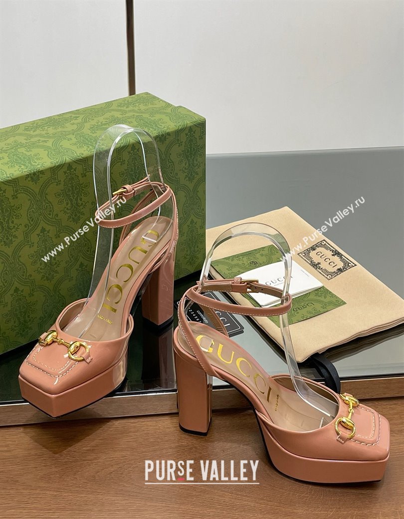 Gucci Patent Leather Framed Platform Pumps12cm with Horsebit Pink 2024 GG123102 (MD-241231128)