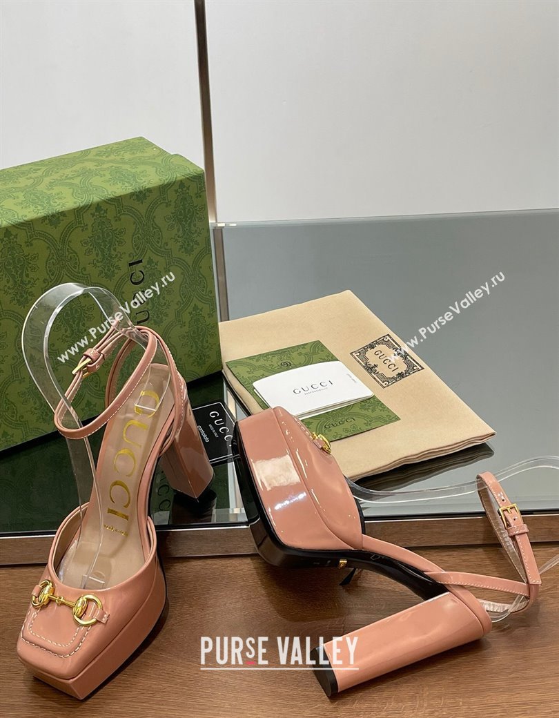 Gucci Patent Leather Framed Platform Pumps12cm with Horsebit Pink 2024 GG123102 (MD-241231128)