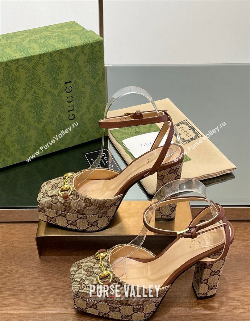 Gucci Canvas Framed Platform Pumps12cm with Horsebit Beige 2024 GG123102 (MD-241231129)