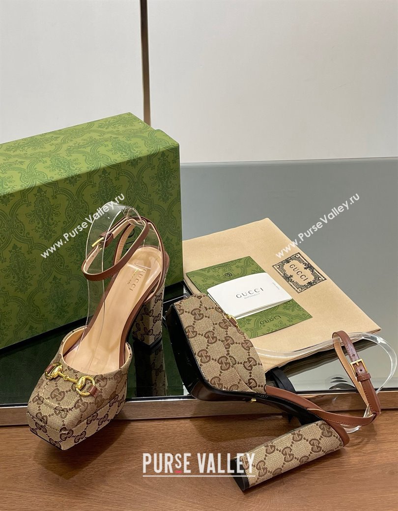 Gucci Canvas Framed Platform Pumps12cm with Horsebit Beige 2024 GG123102 (MD-241231129)