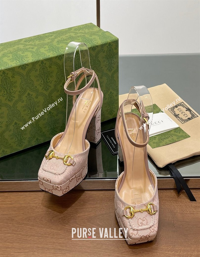 Gucci Canvas Framed Platform Pumps12cm with Horsebit Powder Pink 2024 GG123102 (MD-241231130)