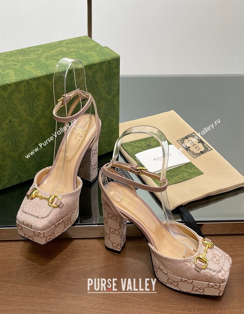 Gucci Canvas Framed Platform Pumps12cm with Horsebit Powder Pink 2024 GG123102 (MD-241231130)